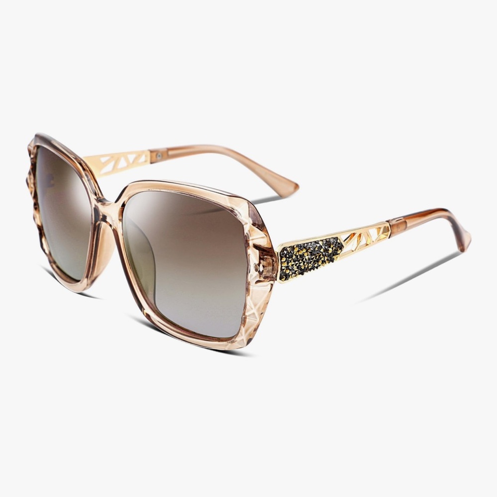 Brown & Gold Oversized Square Sunglasses Polarized Tinted w Crystal Frames Nwt - Picture 3 of 11